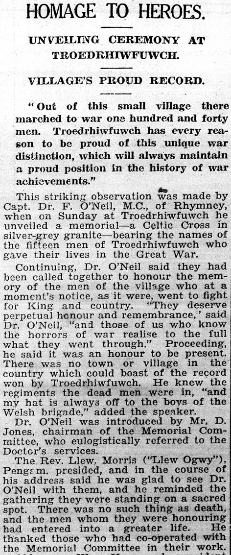 Newspaper account of unveiling of War Memorial